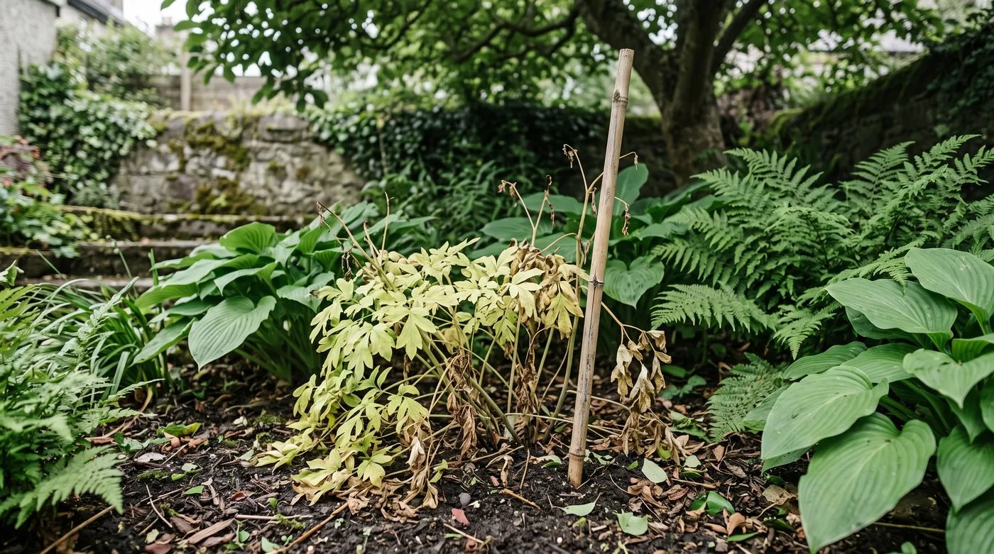 Bleeding heart with yellowing summer leaves and a cane marking its crown, surrounded by hostas and ferns