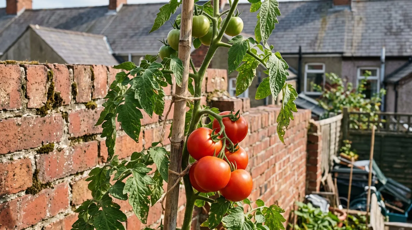 Large round red tomatoes on a cordon plant growing outdoors against a sunny garden wall