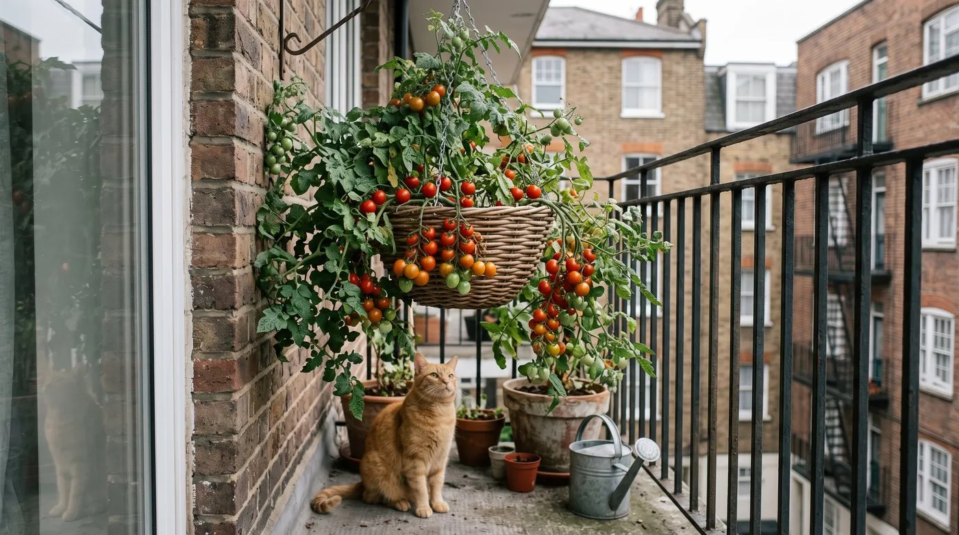 Trailing cherry tomatoes cascading from a hanging basket on a city flat balcony, with a ginger cat below