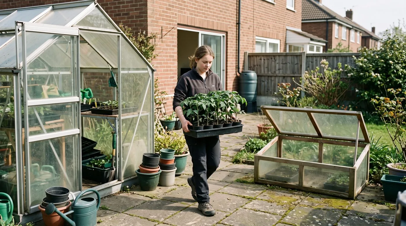 Teenage girl carrying a tray of young tomato plants out of a greenhouse to harden off in May