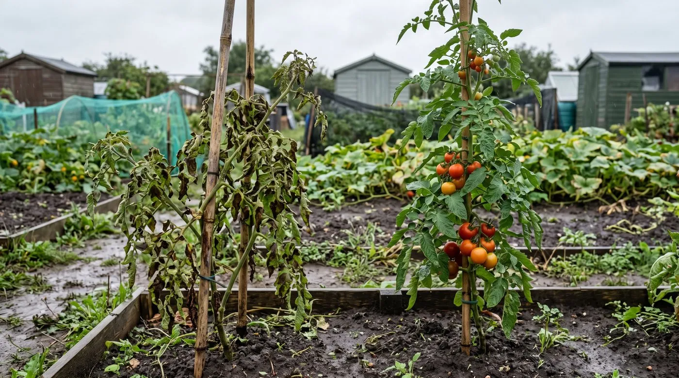 Tomato plant with brown blight patches beside a healthy blight-resistant tomato plant on an allotment