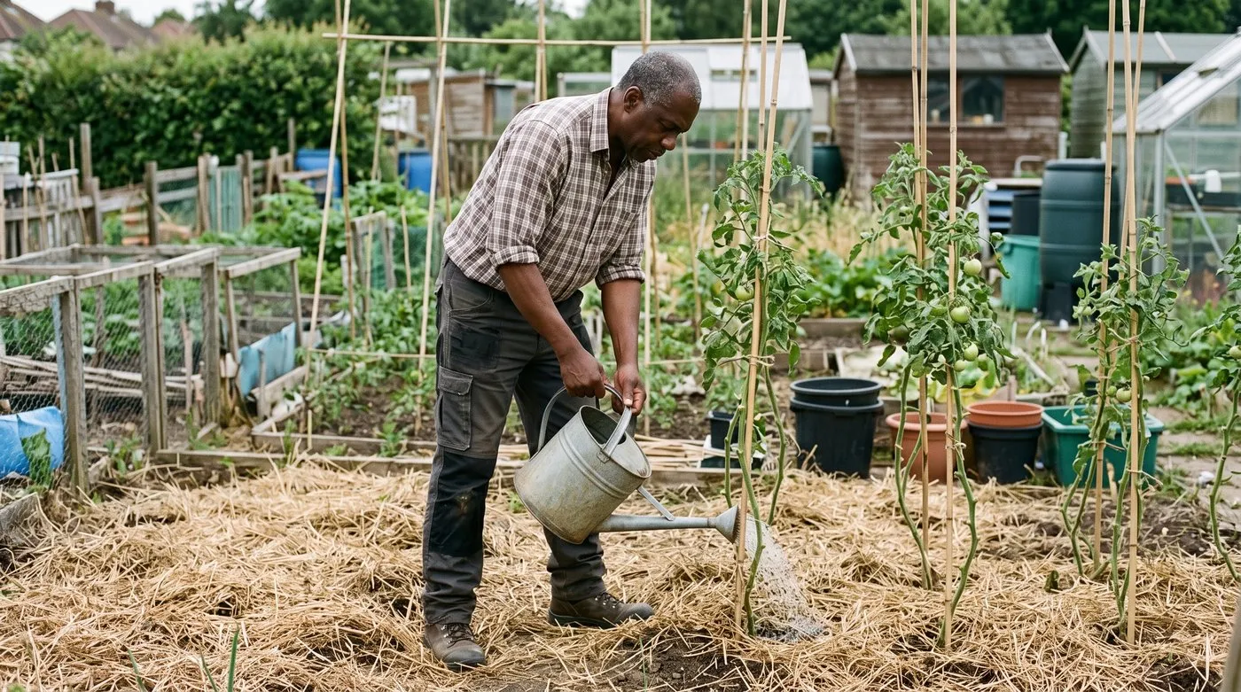 Older man watering outdoor tomato plants at the base with a watering can on an allotment