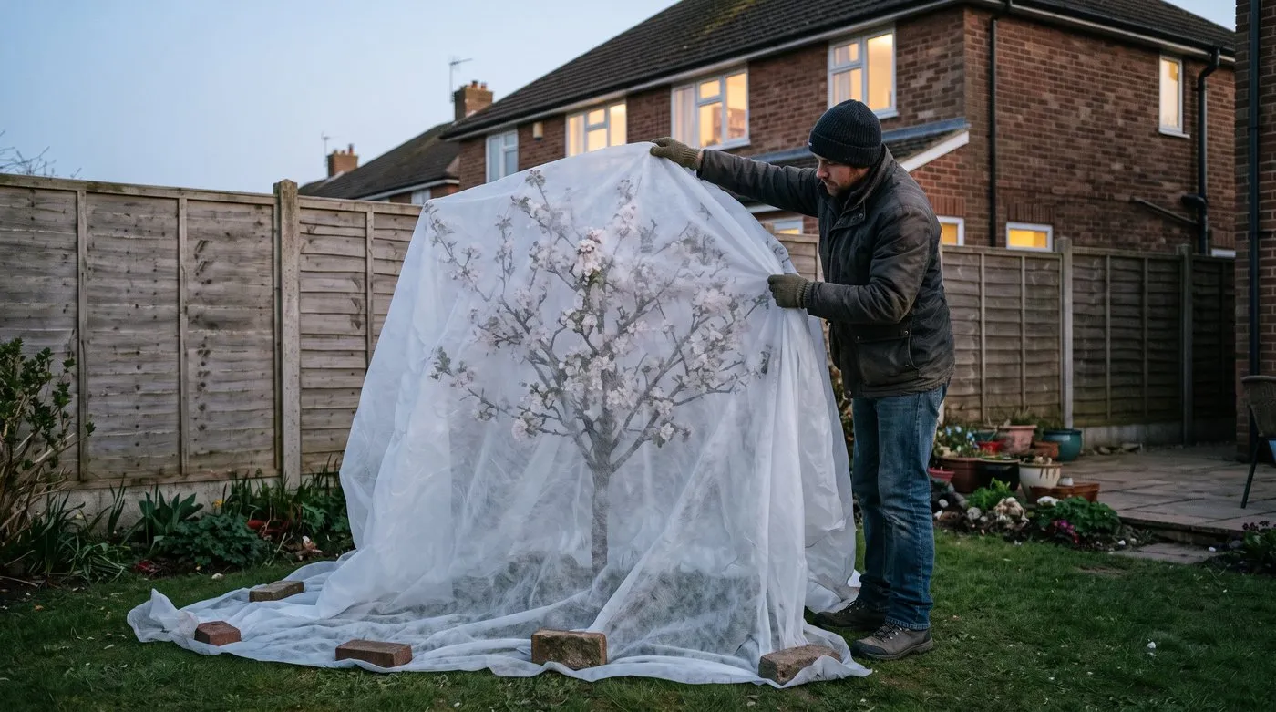 Gardener draping fleece over a small apple tree in blossom at dusk, with bricks holding the edges down