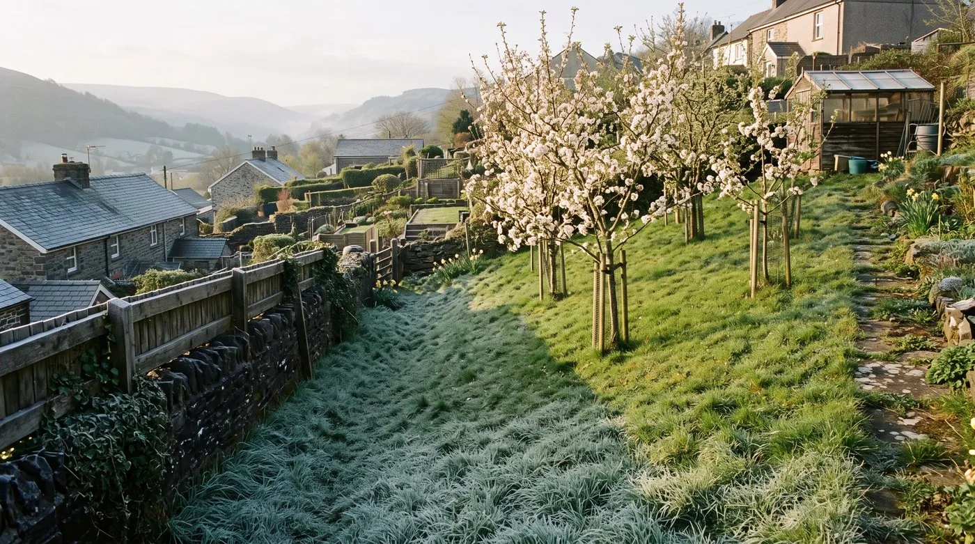 Sloping garden with frost lying at the bottom by a fence and blossoming fruit trees frost-free higher up
