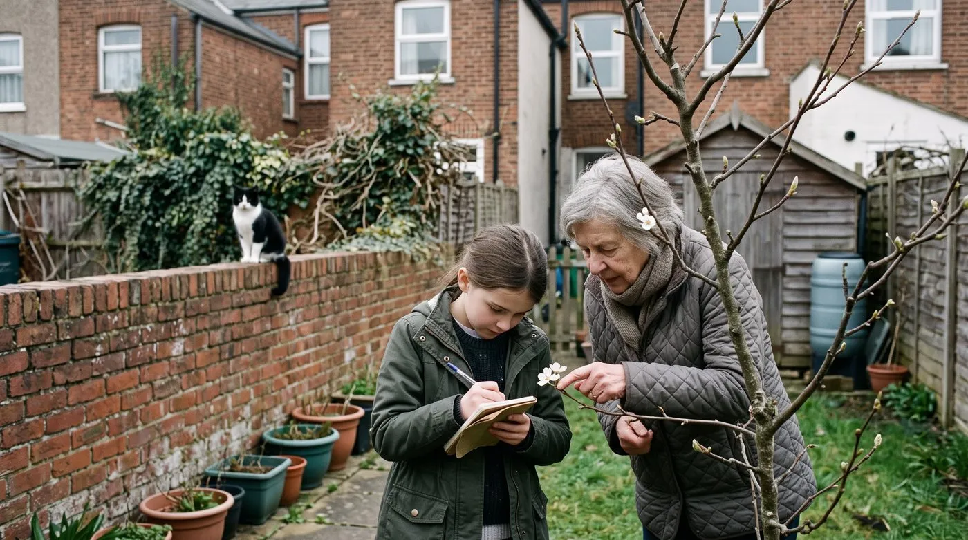 Girl and her grandmother noting the first open blossom on a pear tree, with a cat on the garden wall