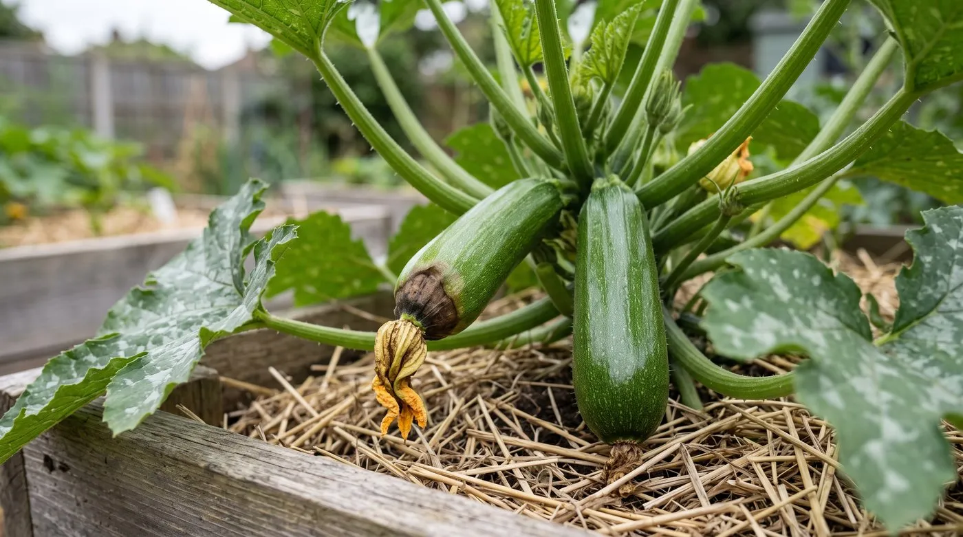 Young courgette with a dark sunken blossom end rot patch next to a healthy fruit on the same plant