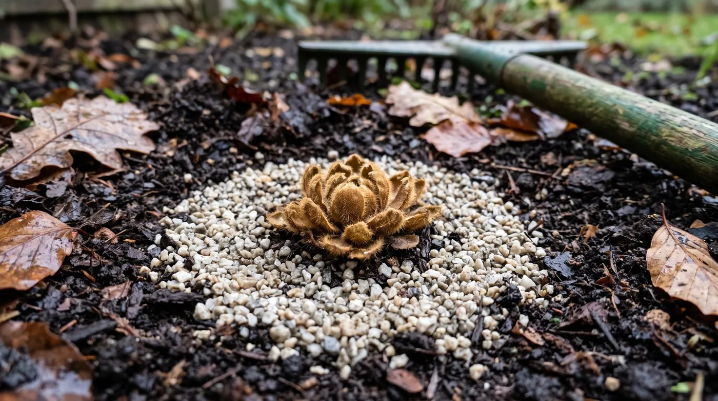 Dormant blue poppy crown with a collar of pale grit around it in a bed of dark leaf mould