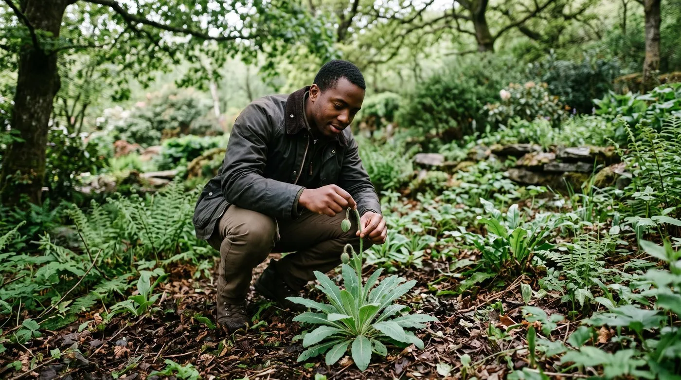 Gardener pinching out the first flower stem of a young blue poppy rosette in a shady bed