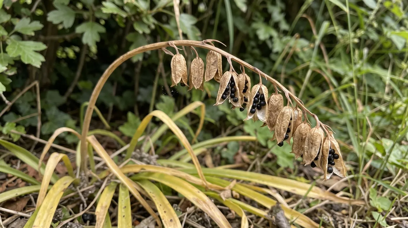 Ripe bluebell seed pods split open on a drooping stem, showing small shiny black seeds