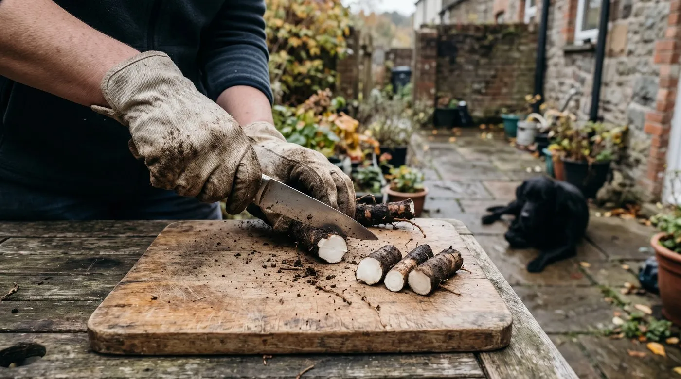 Gloved hands cutting a dark-skinned comfrey root into short sections on a chopping board