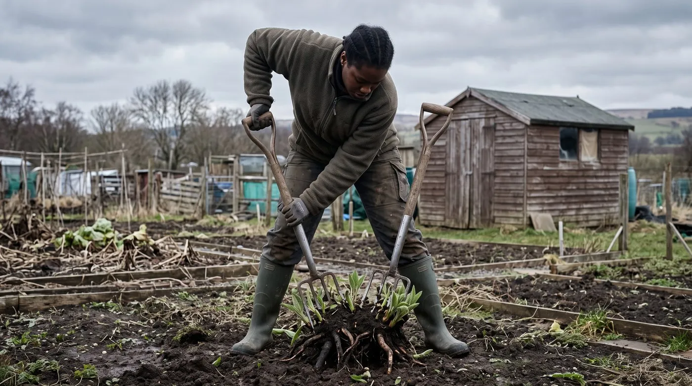 Gardener levering a lifted comfrey clump apart with two garden forks back to back