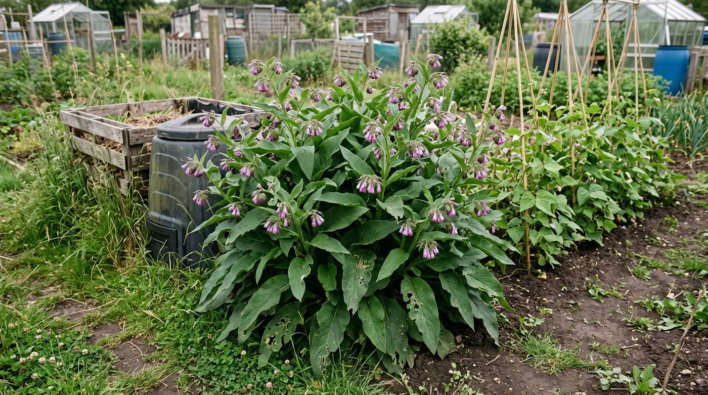 Large Bocking 14 comfrey clump with hairy leaves and mauve flowers at the end of an allotment bed