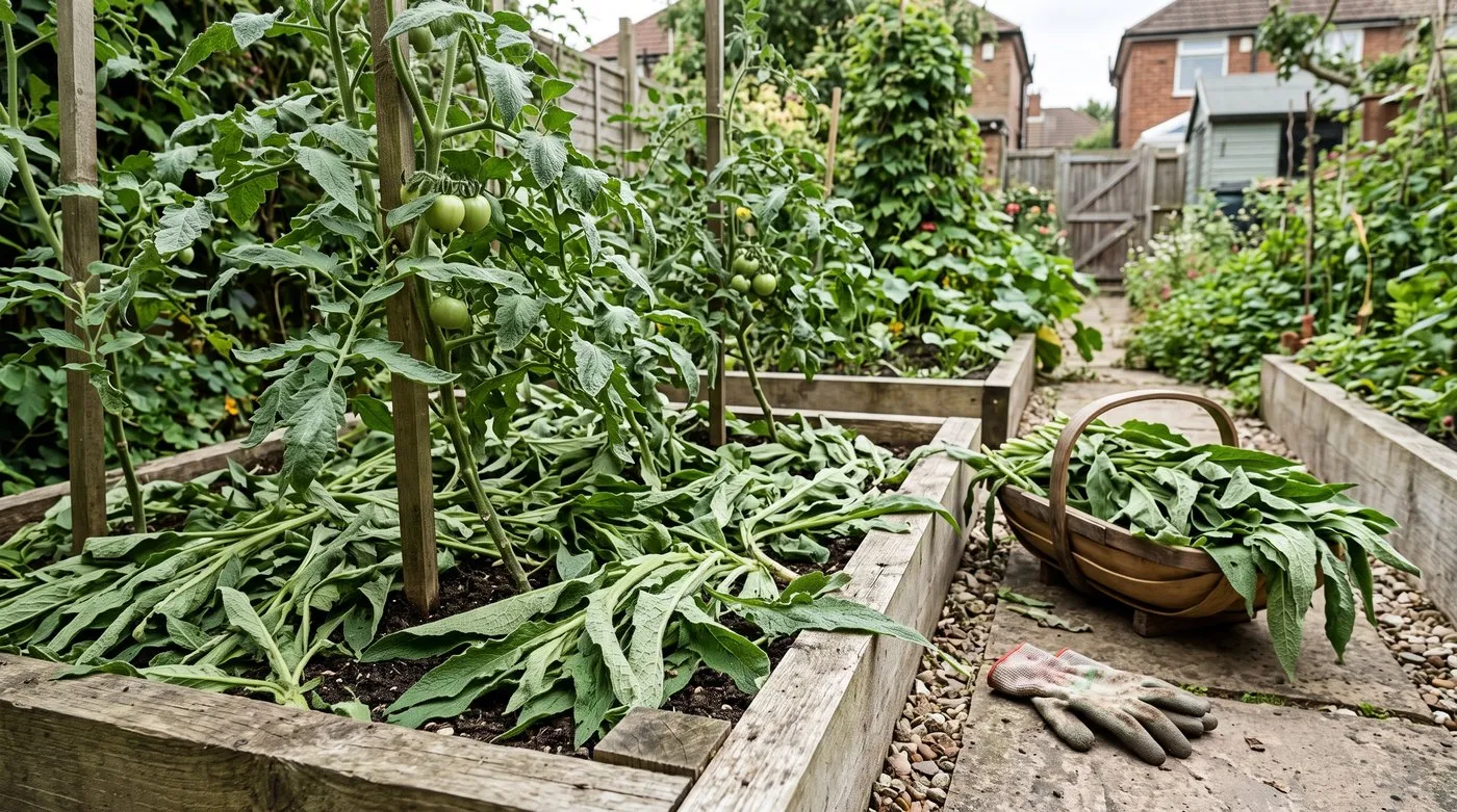 Cut comfrey leaves laid as a mulch around the base of tomato plants in a raised bed