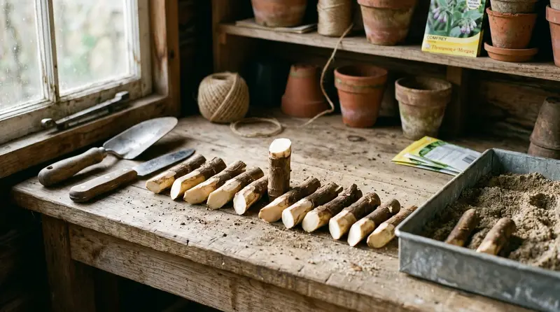 Freshly cut Bocking 14 comfrey root cuttings laid in a row on a UK potting shed workbench with a sharp knife and tray of