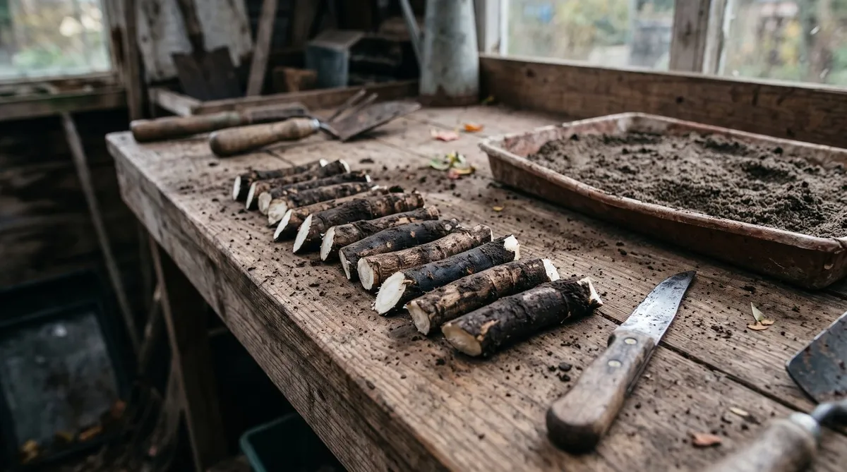 Comfrey root cuttings with dark skin and white cut ends laid in a row on a shed bench beside a tray of compost