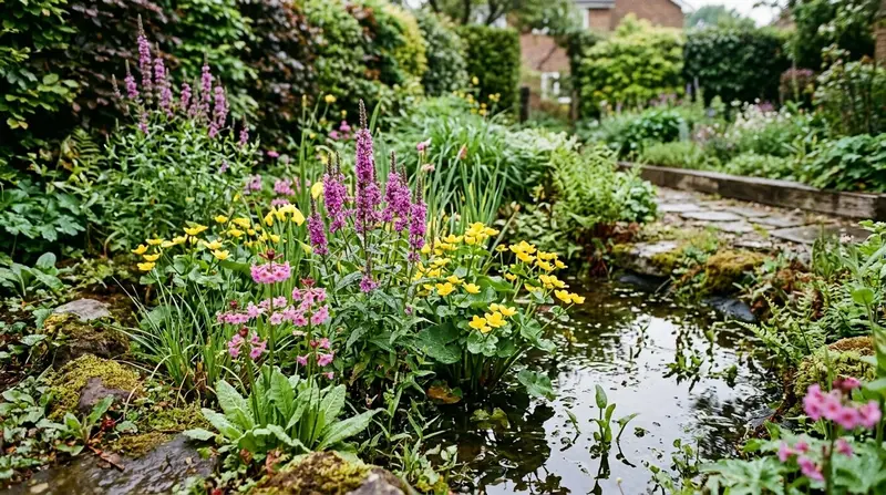 Lush bog garden in a UK garden with purple loosestrife, yellow marsh marigolds