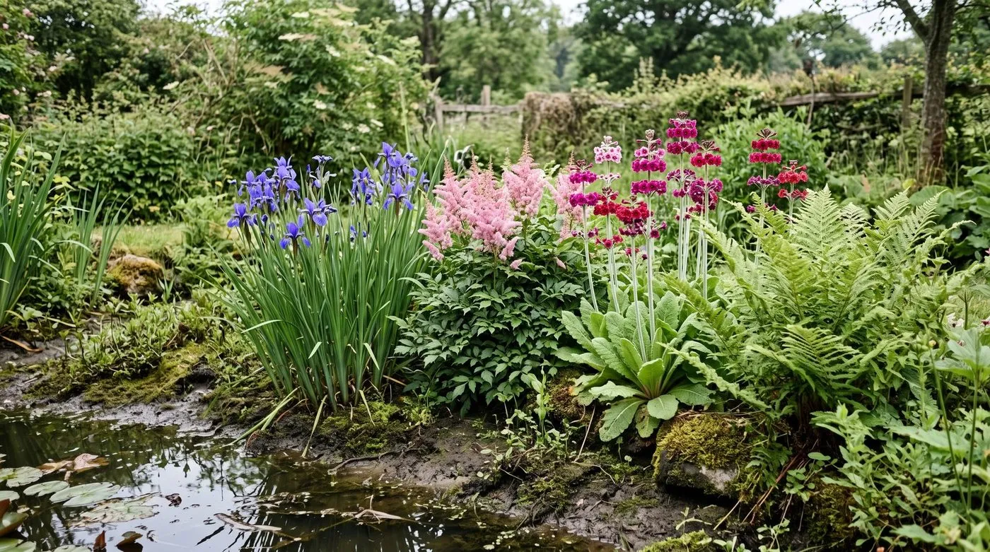 Bog garden plants including iris, astilbe, primulas and ferns in moist soil