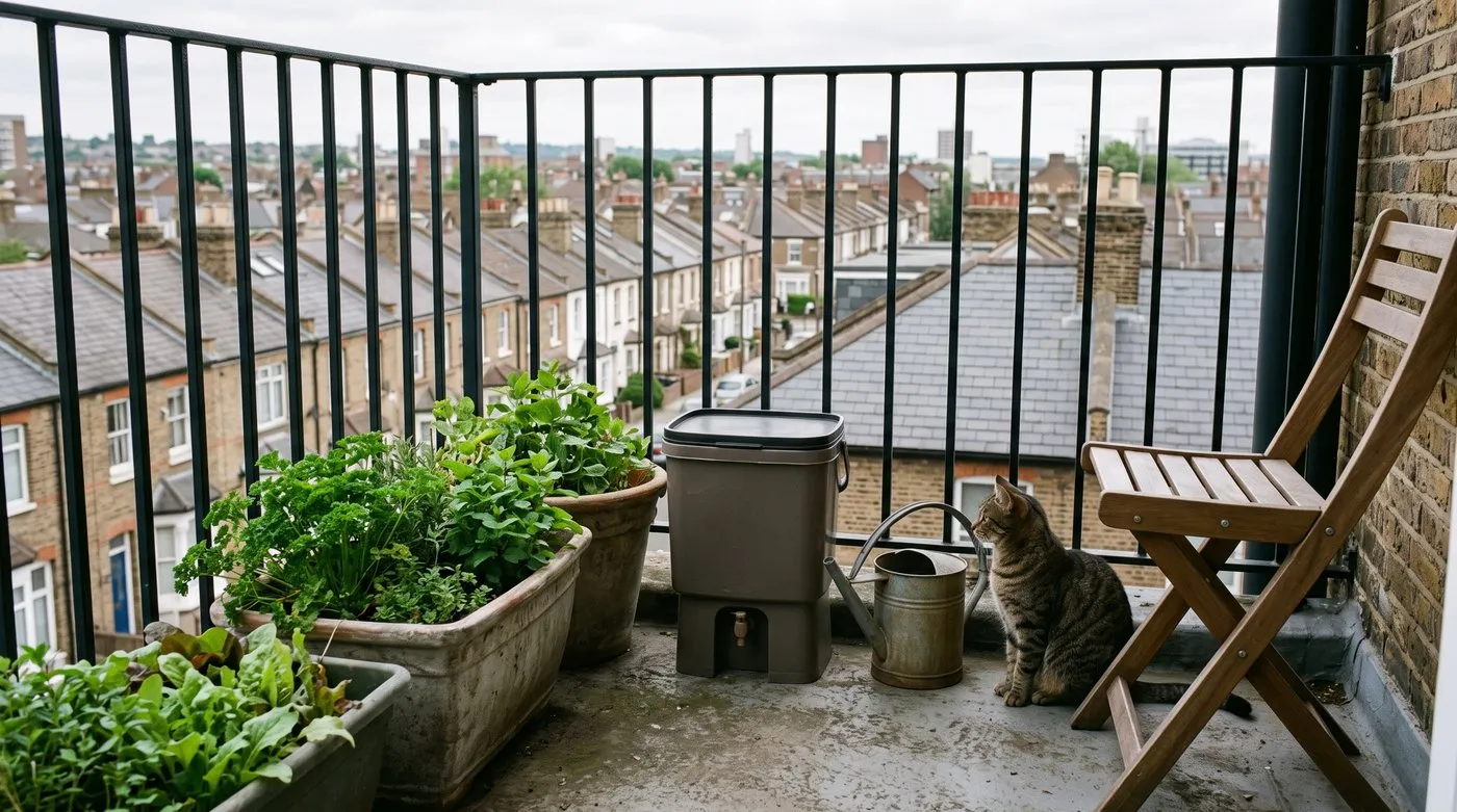 Sealed bokashi bin beside large planters on a UK city flat balcony with a tabby cat nearby