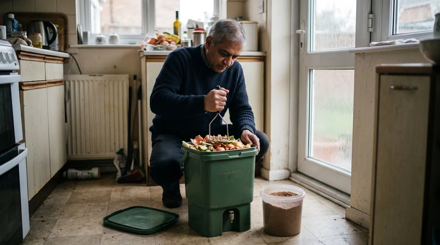 Man pressing kitchen scraps down firmly with a masher in a bokashi composting bin in a UK kitchen