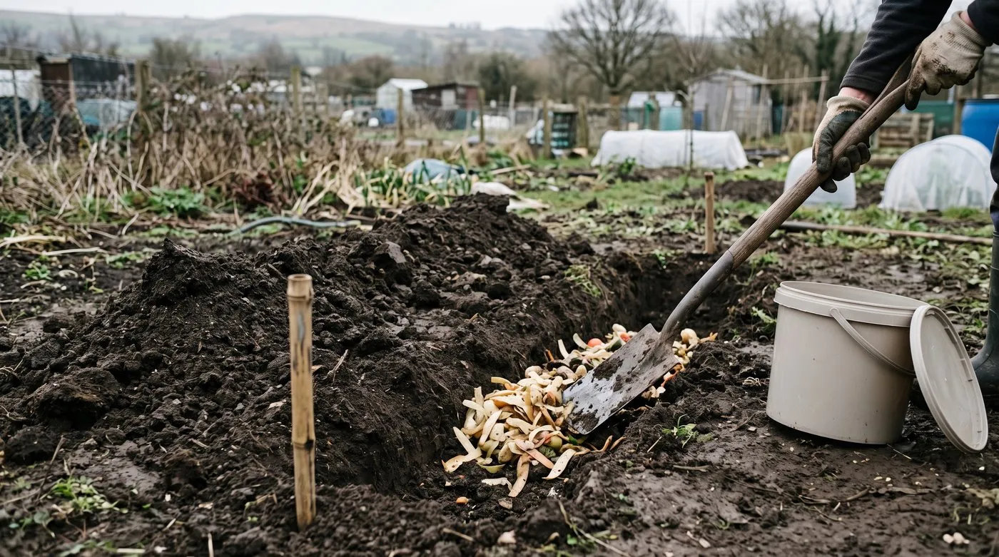 Bokashi pre-compost being chopped into a deep trench in a vegetable bed on a UK allotment