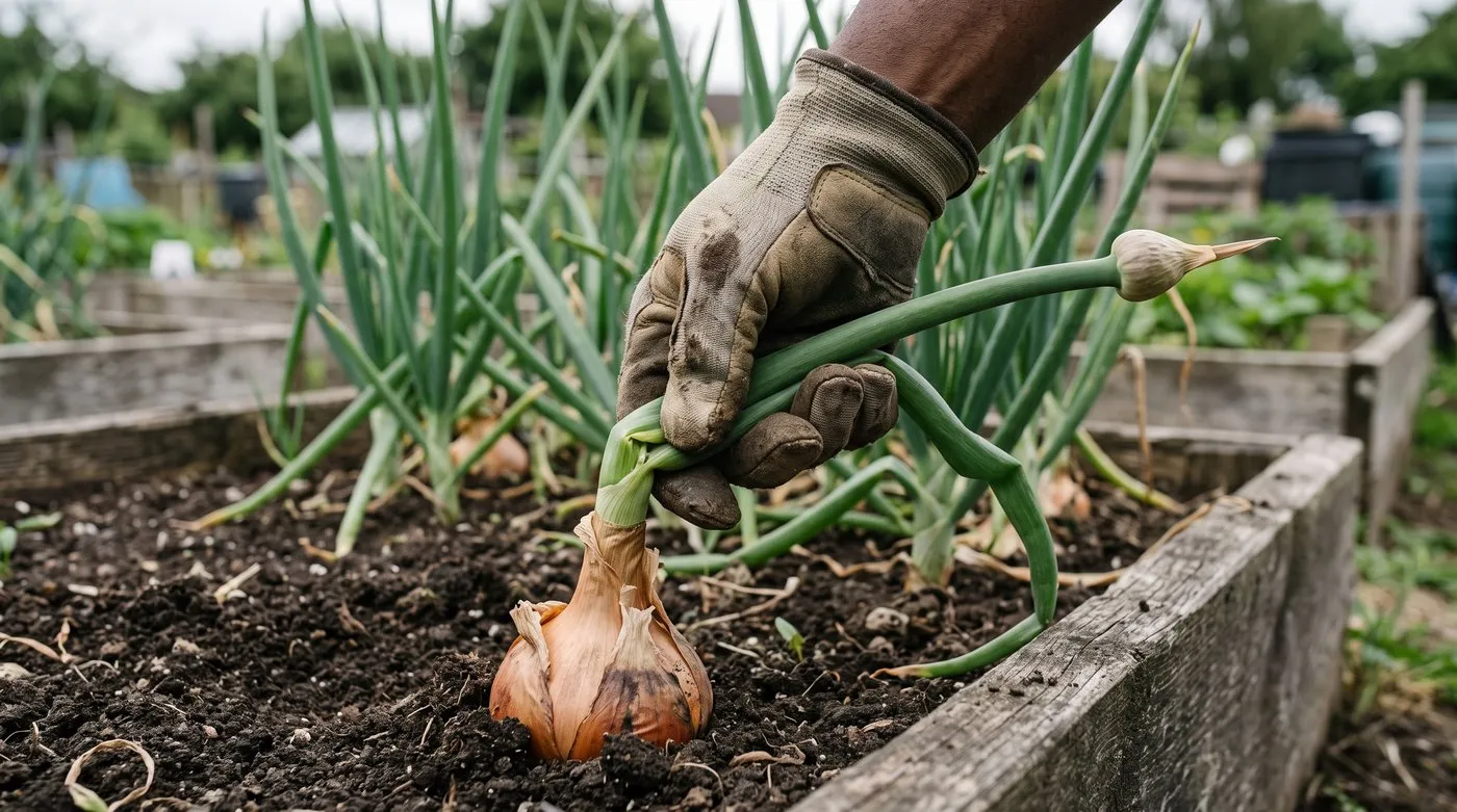 Gloved hand snapping a thick flower stalk off a bolting onion at the neck of the bulb
