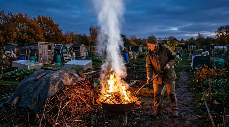 Small managed allotment bonfire on a still autumn evening with white smoke rising vertically and a UK plot holder tending