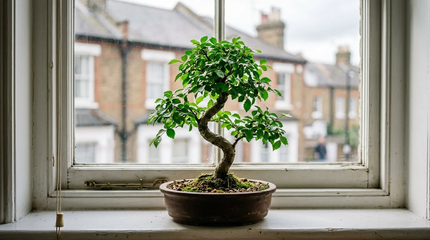 Chinese elm bonsai on a bright London windowsill, the right position for indoor bonsai tree care