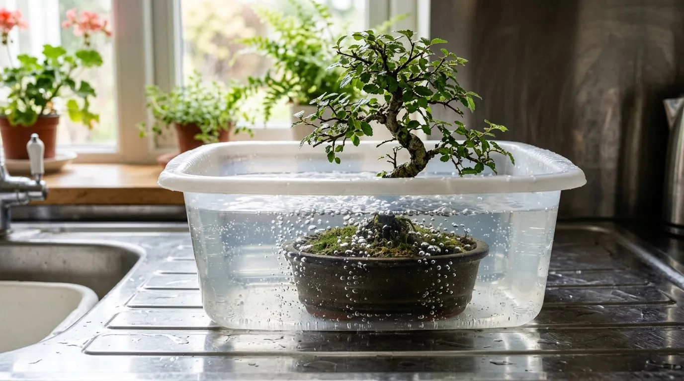 Bonsai tree care dunking method, a small elm submerged to the pot rim in a basin of water