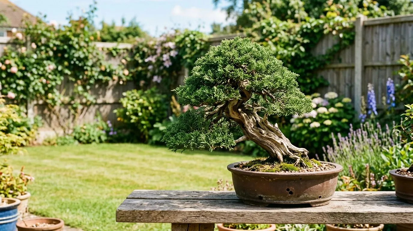 Juniper bonsai tree care outdoors on a wooden bench in a suburban UK back garden