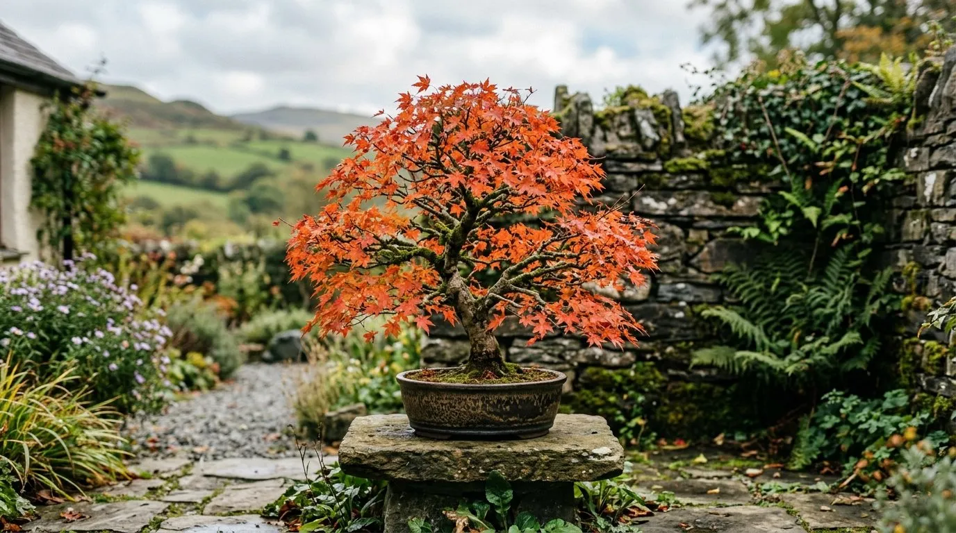Outdoor maple bonsai in autumn colour in a Welsh garden, seasonal leaf drop in bonsai tree care