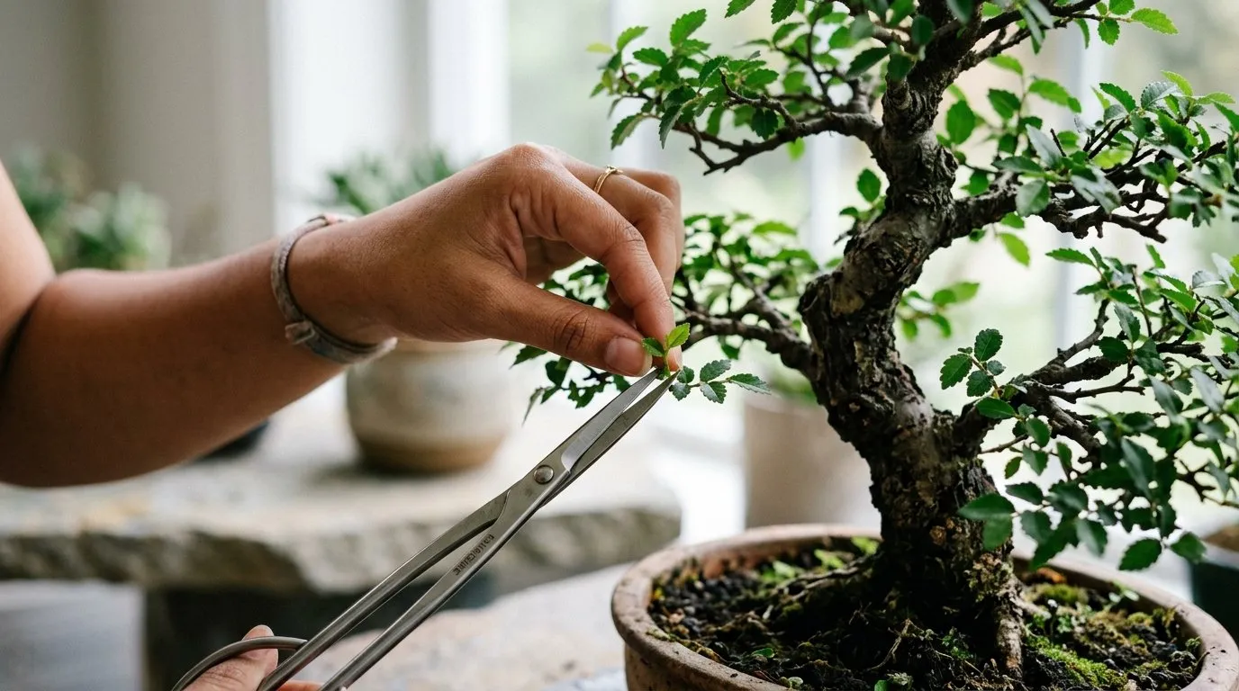 Pinching new growth on a Chinese elm, close-up bonsai tree care with scissors