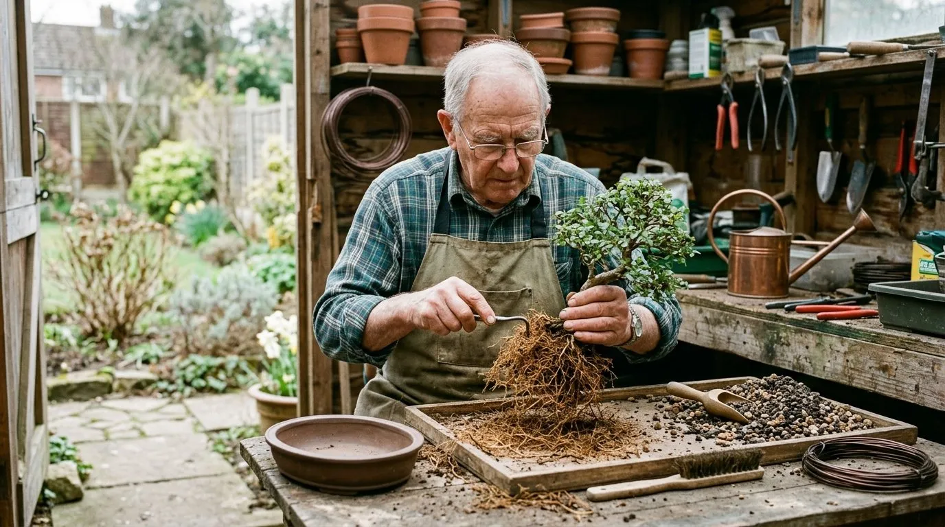 Bonsai tree care repotting session with root pruning on a potting bench in early spring