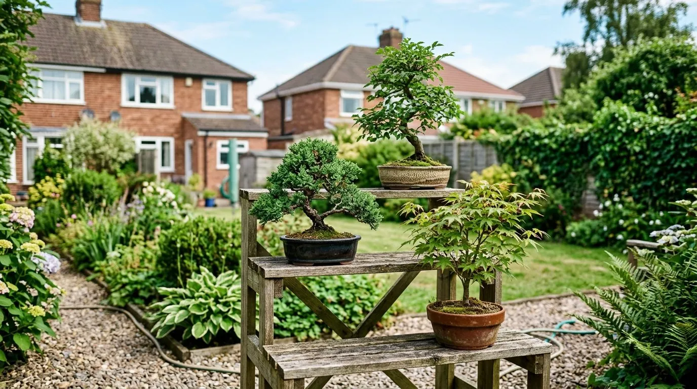 A shelf collection of beginner bonsai trees on staging in a Midlands garden, three easy bonsai tree care species