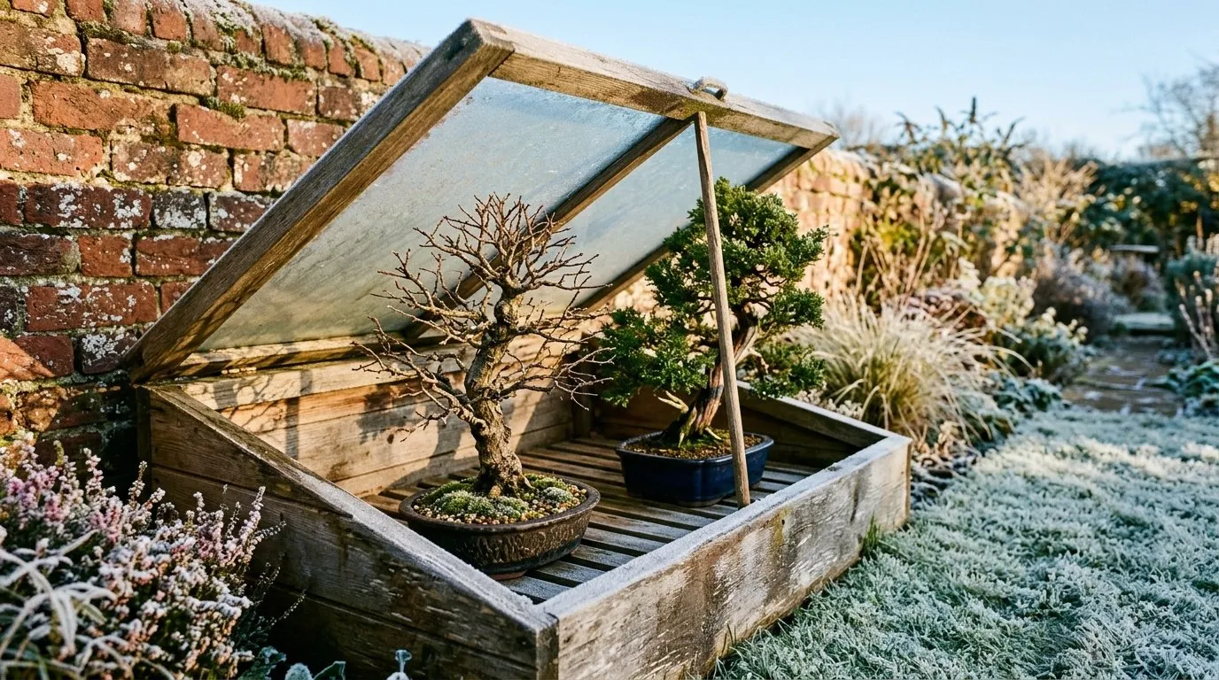Winter bonsai tree care, hardy trees sheltered inside an open cold frame during hard frost