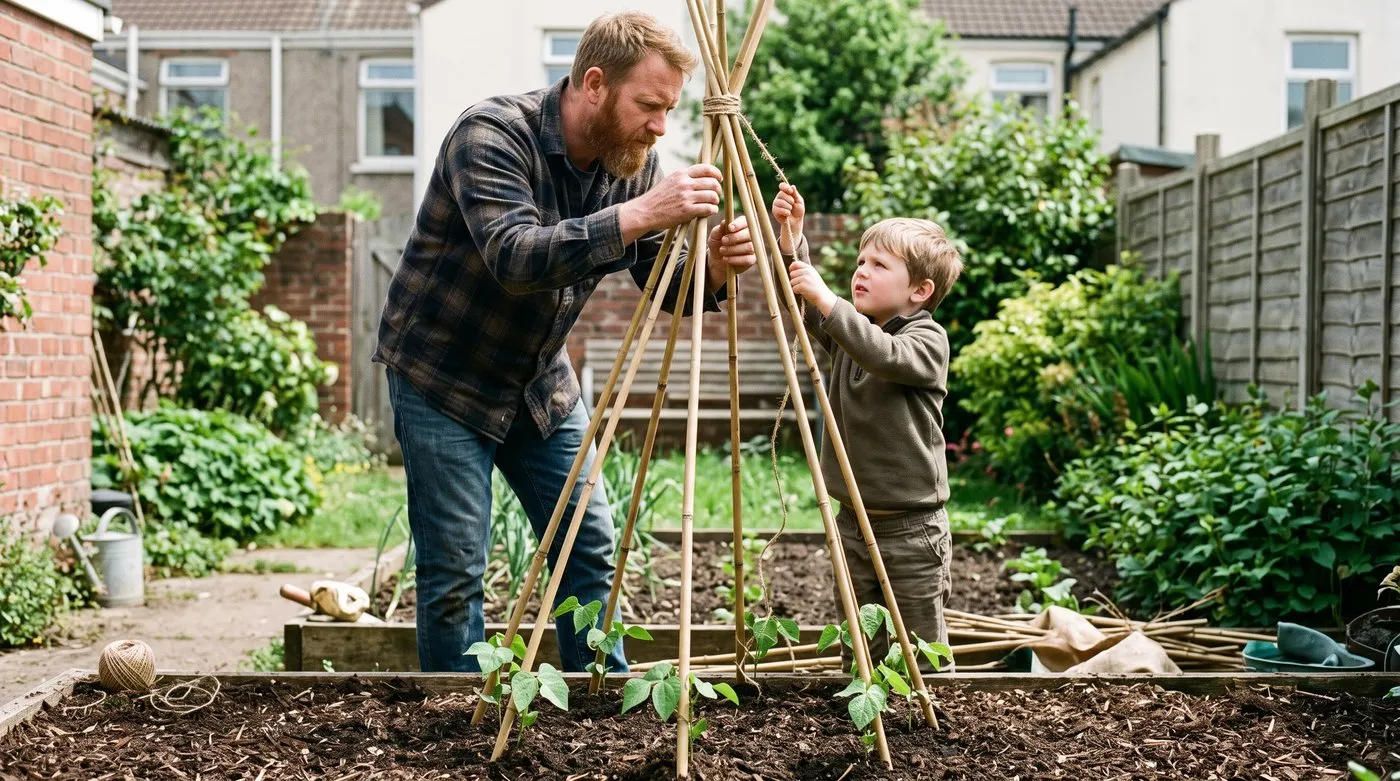 Father and son tying the top of a cane wigwam with young borlotti bean plants at the base