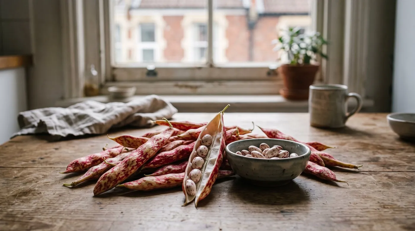 Red-streaked borlotti bean pods with one split open to show fresh speckled beans and a bowl of shelled beans