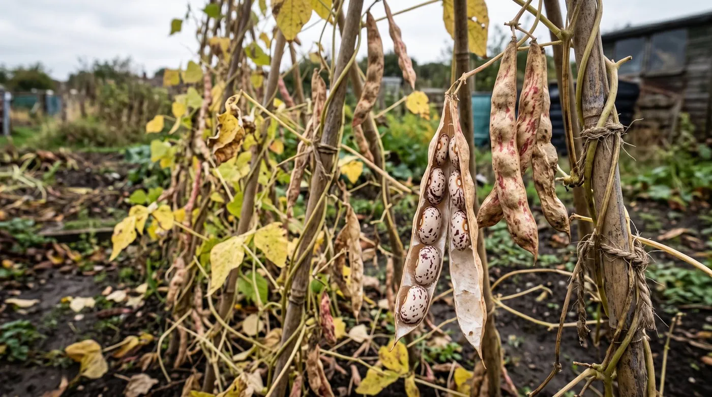 Brown papery borlotti pods drying on the plant, with one opened to show hard speckled beans