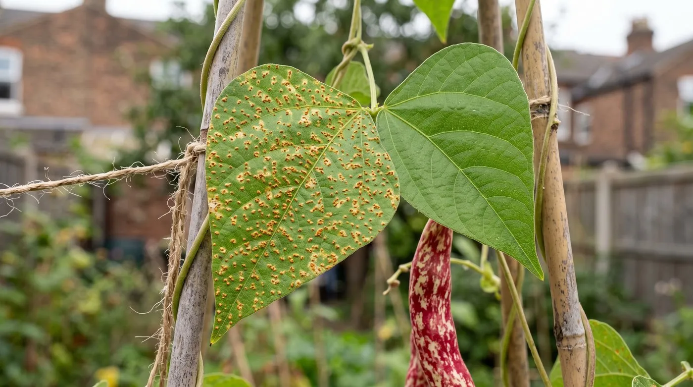 Borlotti bean leaf covered in small orange-brown rust spots next to a healthy leaf
