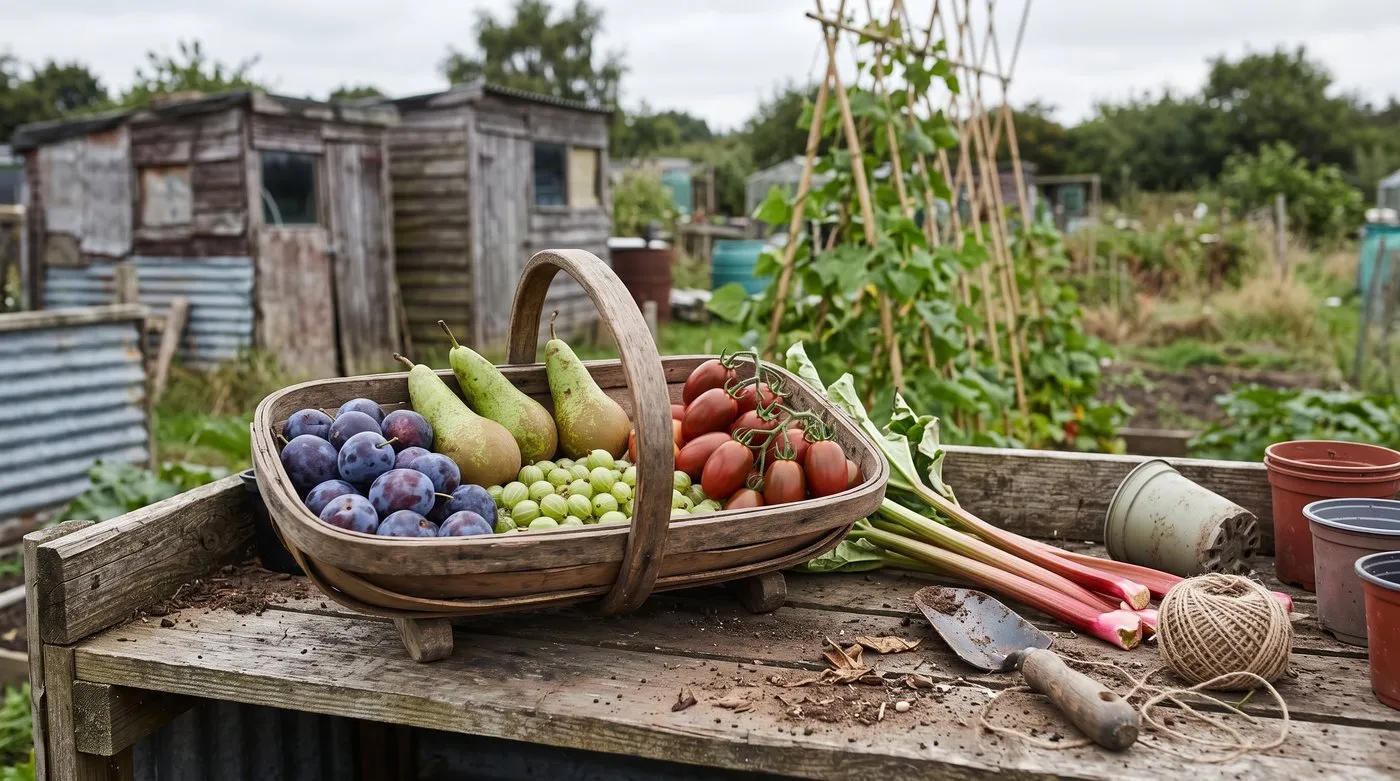Trug of plums, pears, gooseberries and plum tomatoes on an allotment bench ready for bottling