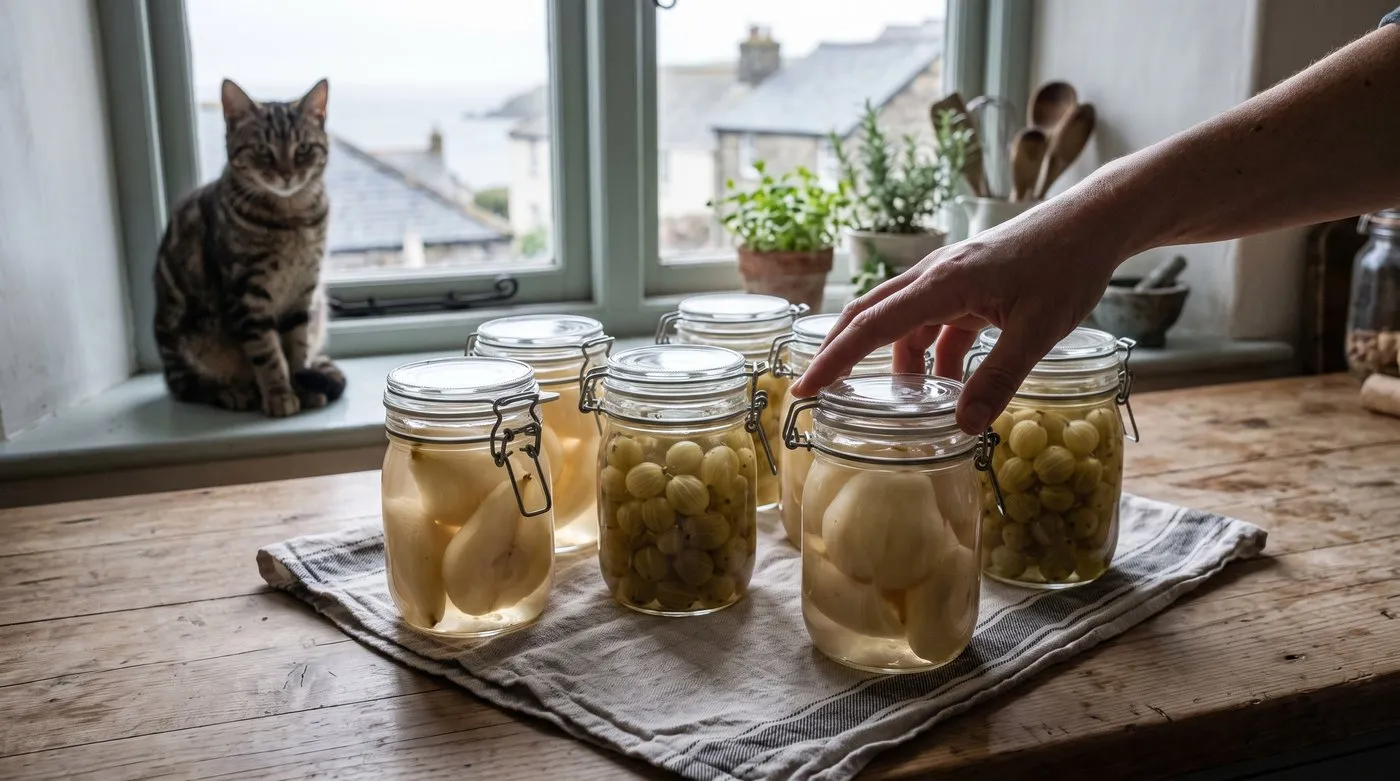 Hand checking the lid of a cooled clip-top jar of bottled pears