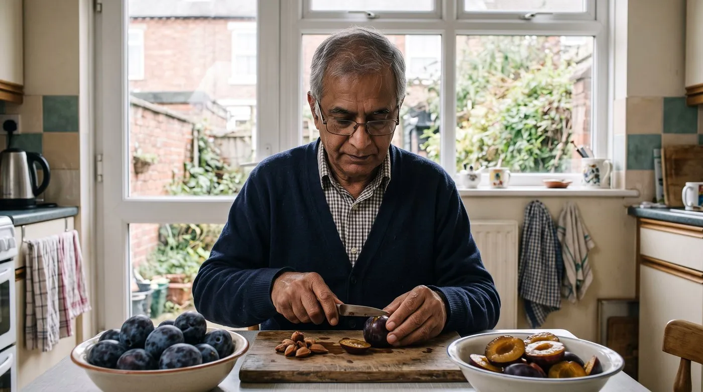 Man halving and stoning ripe plums on a chopping board ready for bottling