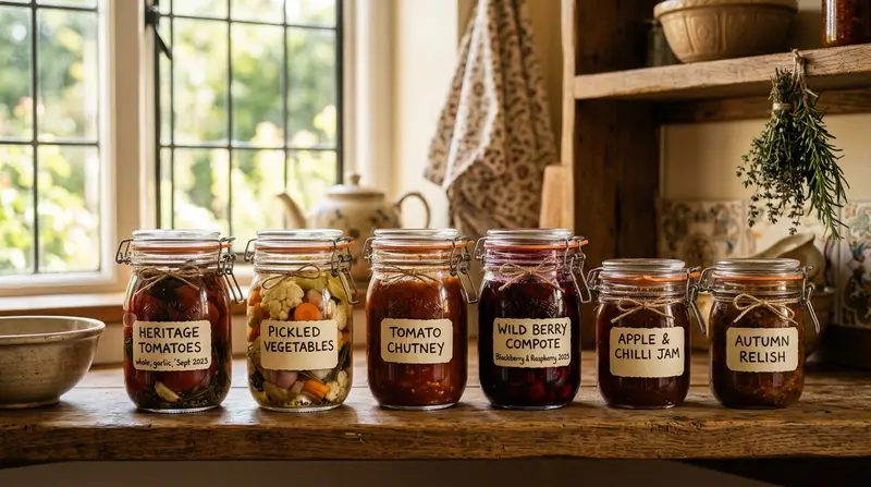 Glass Kilner jars of bottled tomatoes, pickled vegetables, and fruit preserves on a wooden kitchen shelf in a British
