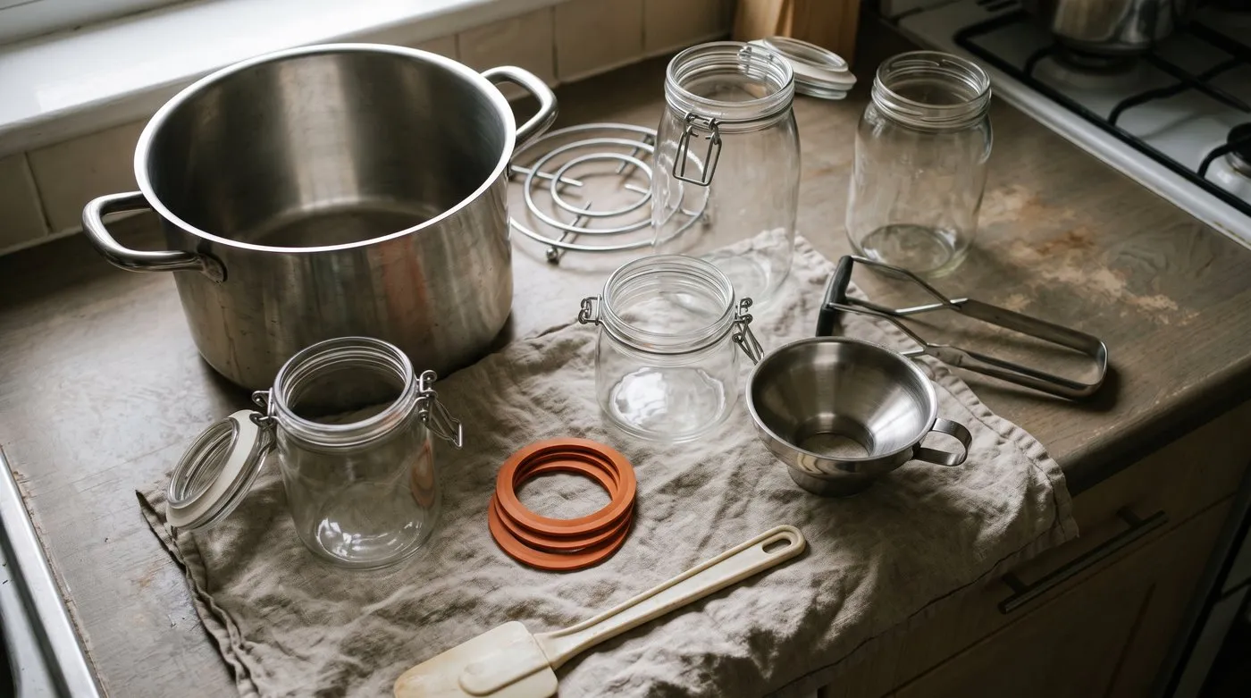 Preserving jars, new rubber seals, a stockpot, jar tongs and a funnel laid out for bottling fruit
