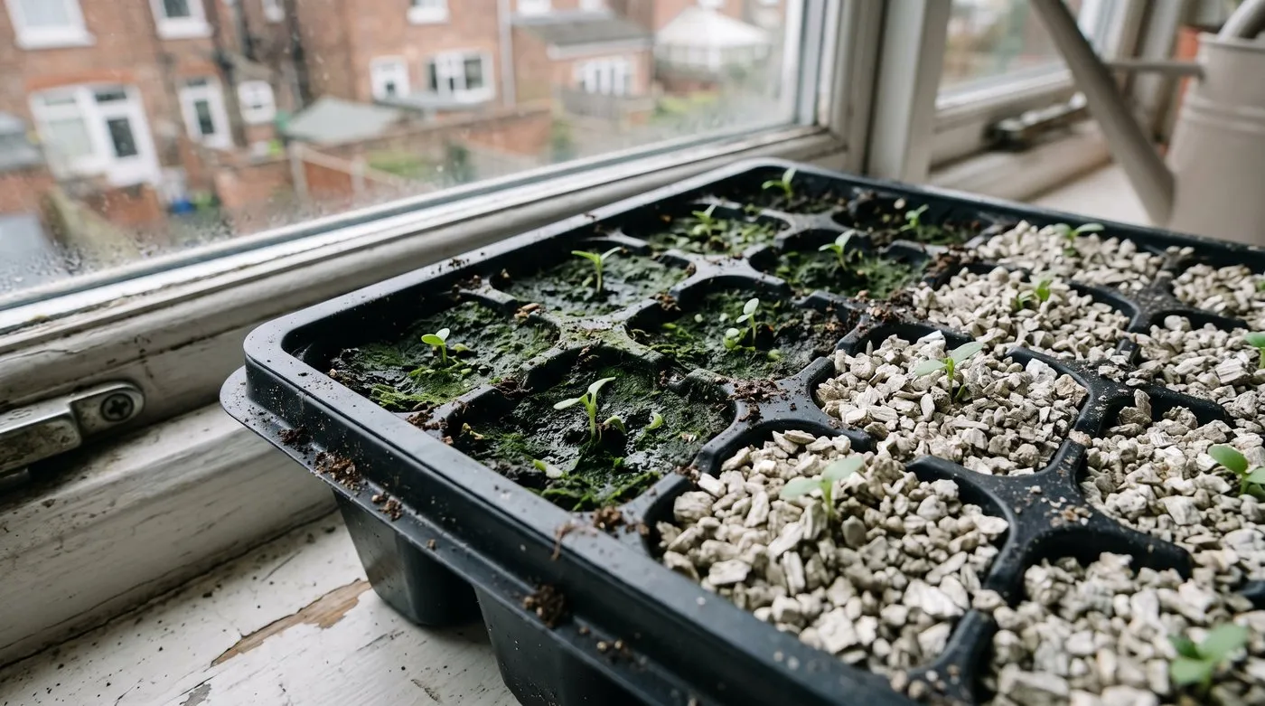 Seedling modules with green algae on the compost beside cells covered in pale vermiculite
