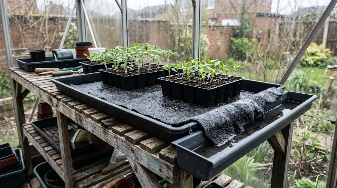 Module trays of tomato seedlings standing on damp grey capillary matting on greenhouse staging