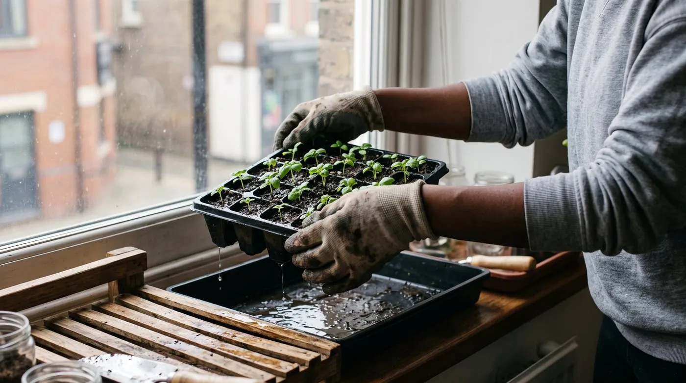 Gloved hands lifting a tray of basil seedlings out of water to drain on a slatted rack