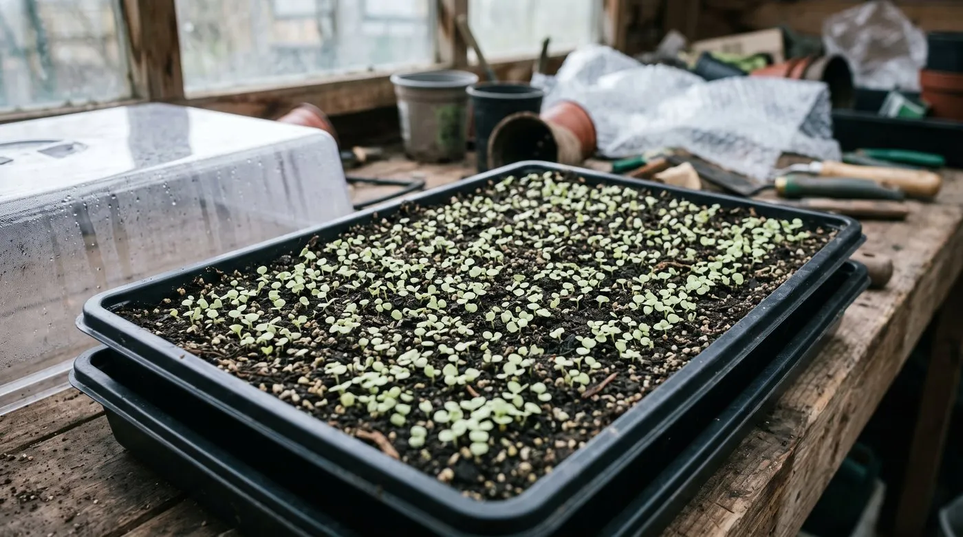 Tiny lobelia seedlings spread evenly across the surface of a seed tray