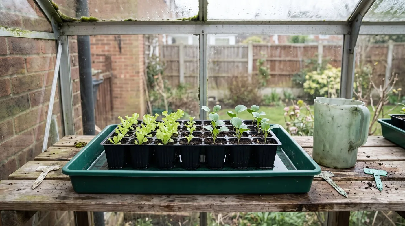 Module tray of lettuce seedlings standing in a shallow tray of water on a greenhouse bench