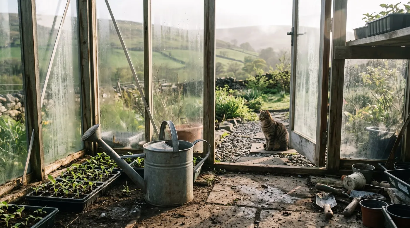 Watering can of tap water standing in a greenhouse beside seedling trays, a cat sitting outside the door