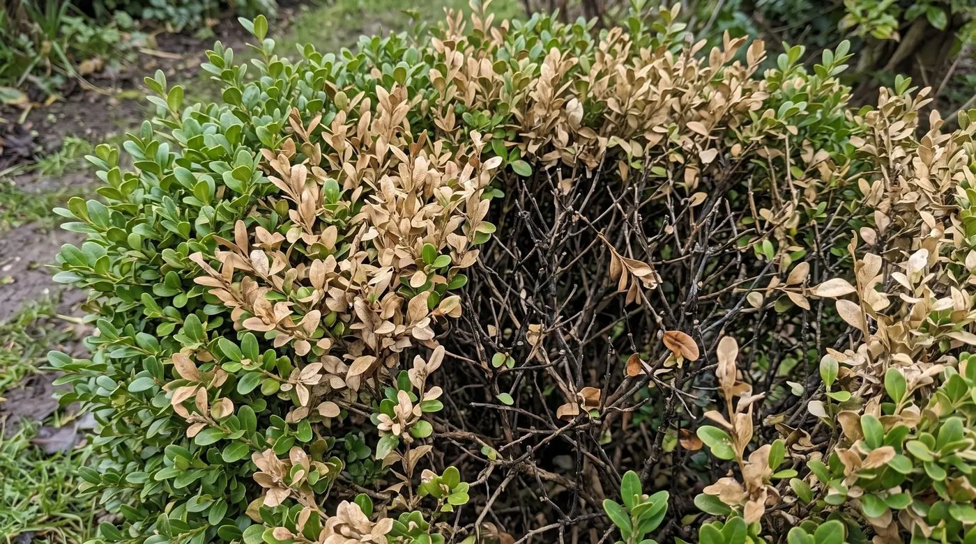 Close-up of box blight showing brown patches on small box leaves